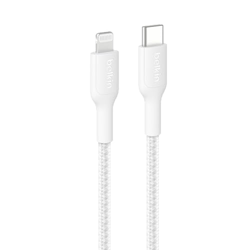 Image of Belkin Apple Certified Nylon Braided USB C to Lightning Cable 1 Meter - MFi Certified 18W iPhone Charger Cord - Apple Charger Cable - Fast Charging for iPhone 14, 13, Airpods, iPad - White