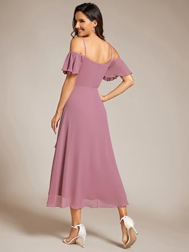 Image of Ever-Pretty Women's Summer Cold Shoulder Hi-Lo Asymmetrical Hem Flowy Chiffon Short Wedding Guest Dress 02103