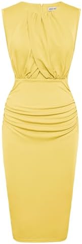 GRACE KARIN Women's Ruched Bodycon Dress Summer Sleeveless Front Drape Patchwork Crew Neck Midi Cocktail Dress