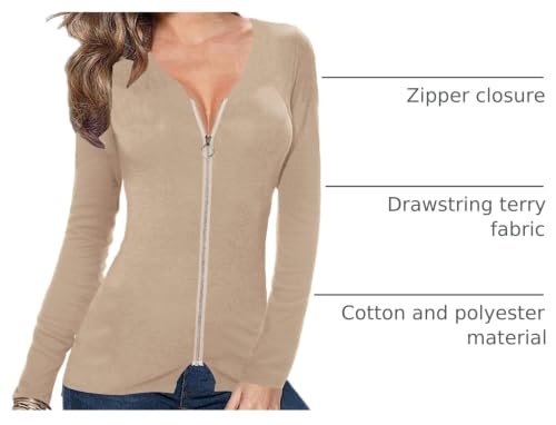Image of Afibi Women V Neck Zip Front Long Sleeve Casual Top Blouse Shirt /Cardigan