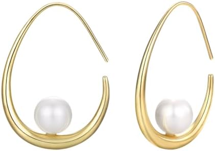 Lightweight Teardrop Hoop Earrings for Women - 14k Gold/White Gold Plated Large Oval Pull Through Hoop Earrings High Polished Statement Jewelry Gift for Women (Gold Pearl)