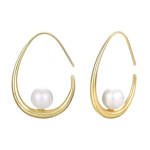 Image of Lightweight Teardrop Hoop Earrings for Women - 14k Gold /White Gold Plated Large Oval Pull Through Hoop Earrings High Polished Statement Jewelry Gift for Women