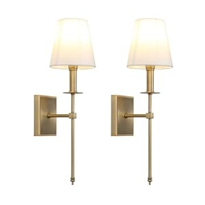 PERMO Set of 2 Classic Rustic Industrial Wall Sconce Lighting Fixture with Flared White Textile Lamp Shade and Antique Brass Tapered Column Stand Hardwired E26 Base