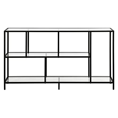 Image of Henn&Hart 52 inch Wide Rectangular Console Table with Glass Shelves in Blackened Bronze, for Home Office, Living Room