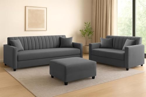 Image of 3+2 Fabric Sofa Set with Ottoman for Living Room | Modern Upholstered 5-Seater Couch | Soft Cushion, Premium Velvet Fabric - Grey Color