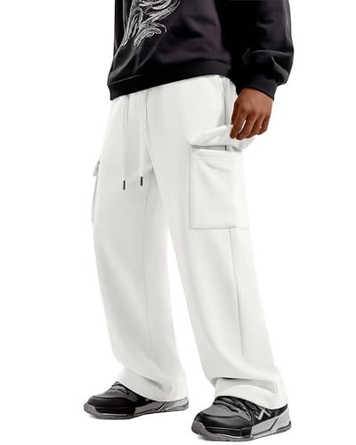 YooAurvox Boys' Cargo Sweatpants Baggy Wide Leg Elastic Waist Open Bottom Casual Pants Workout Active Joggers with 4 Pockets(White,14-16 Years)
