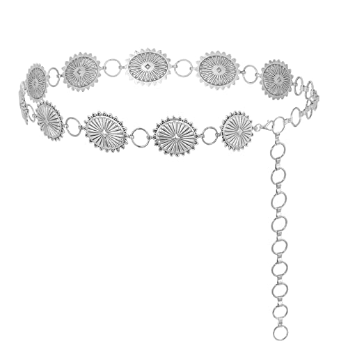 Image of LEACOOLKEY Women Turquoise Concho Chain Waist Belt Silver Western Cowgirl Metal Chain Belt for Dress Adjustable