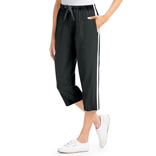 Collections Etc Side Stripe Drawstring Casual Knit Capri Pants | Machine Washable | Cotton, Polyester | Elasticized Waistband