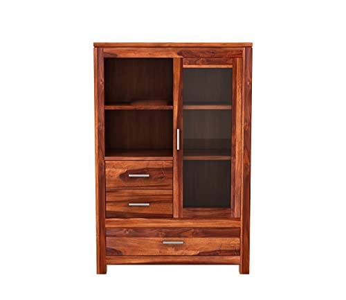 Image of Krishna Wood Decor Wood Book Shelf for Home Library|Wooden Bookshelf Cabinet with Acrylic Glass Door Drawer Storage|Home Kitchen Furniture| Crockery Cabinet|Books Rack for Shelves|Bookcases,Honey