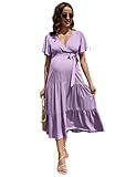 FUNJULY Maternity Dress Women's V-Neck Puff Sleeve Pleated Maternity Maxi Dress for Baby Shower or Casual Wear Light Purple M