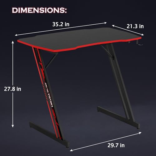 Image of PayLessHere | 35 inch Gaming Table | Red | Z-Shaped Computer Desk with Steel Frame, Headphone Hook, Adjustable Feet | Carbon Fiber Texture Surface, Sweat & Waterproof | for Gaming, Home Office