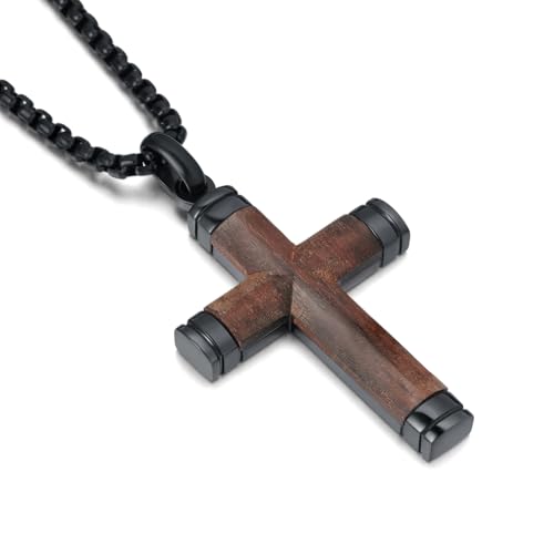 Wooden Cross Necklace for Men, 【Hand-Inlaid Real Sandalwood 】 Mens Cross Necklaces Christian Black Stainless Steel Crucifix Pendant, Includes 24