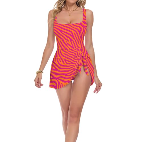 Maillot de bain 1 pièce femme col carré motif zébré rouge de plage