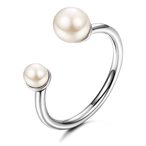 Sllaiss 925 en Argent Sterling Anneaux Ouverts pour les Femmes Filles avec 2 Pain Perles Bague Réglable Hypoallergénique Platine Plaqué Cover