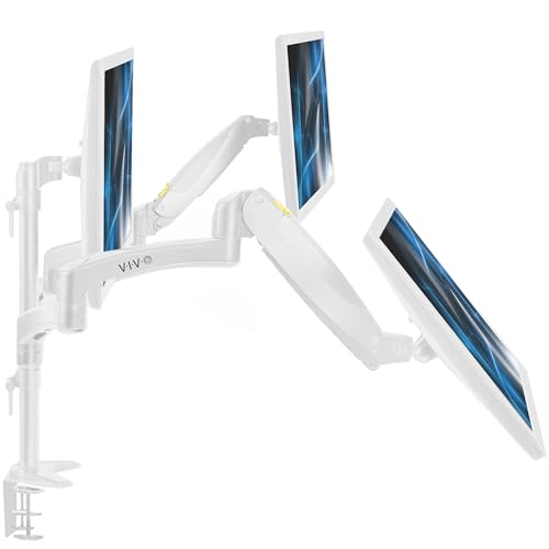 Image of VIVO 17 to 32 inch Triple Pneumatic Monitor Mount, 2 Pneumatic Arms, 1 Fixed, Adjustable Swivel, Rotation, Heavy Duty VESA Desk Stand with C-clamp, Max VESA 100x100, White, STAND-V300GW