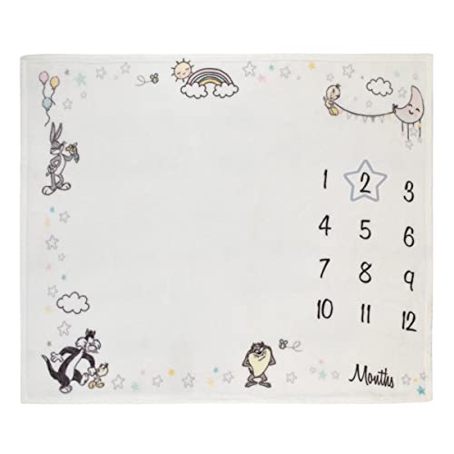 Image of Warner Brothers Looney Tunes Best Buds White with Pastel Blue, Pink, and Yellow Bugs Bunny, Tweety, Tasmanian Devil, and Sylvester The Cat Milestone Blanket