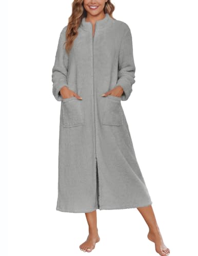 Image of Ekouaer Women Zip Up Robe Fleece Long Sleeves Soft Housecoat with Pockets