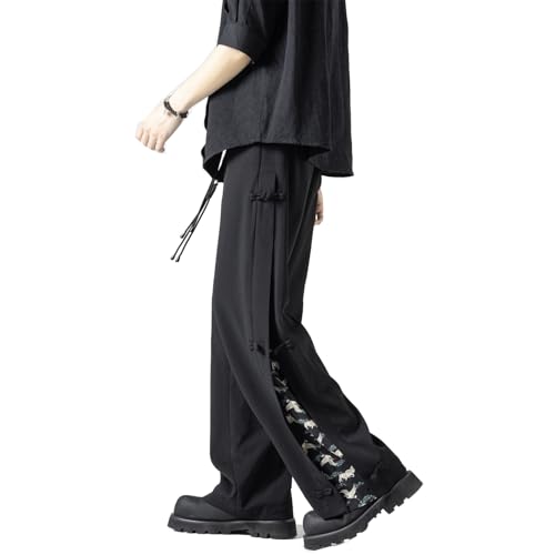 Seidarise Men's Chinese - Style Black Wide Leg Pants Knot Details Patterned Side Slits Ideal for Cultural Casual Looks