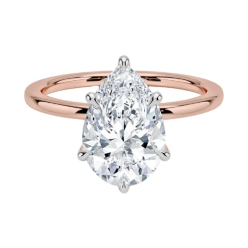 10K/14K/18K Solid Gold Pear Cut Moissanite Anniversary Ring 1-3 CT Solitaire Hidden Halo Engagement Ring for Women Birthday Gifts for Her (Rose, Main Stone: 2.5 CT)