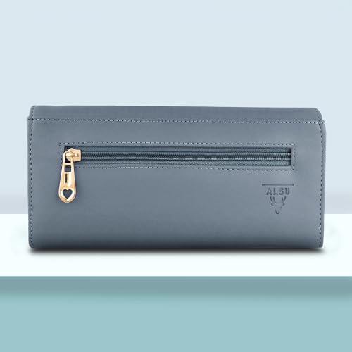 Image of ALSU Women's Hand Wallet Purse Clutch | Phone Pocket | Coin Compartment | Credit Card Slots| Zipper Pocket| Office use| Casual use| Faux Leather (Greyish Blue)