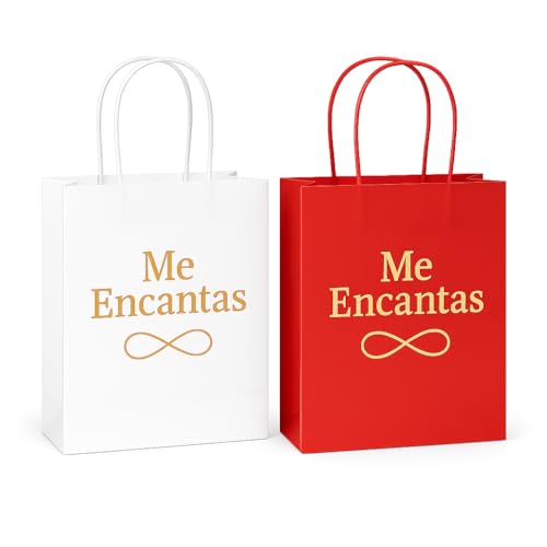Me Encantas Bolsas de Regalo Premium, Pack de 25 Unidades, Rojo y Blanco, Papel 200gsm, 22x11x28cm, con Asas y Diseño Dorado para Ocasiones Especiales