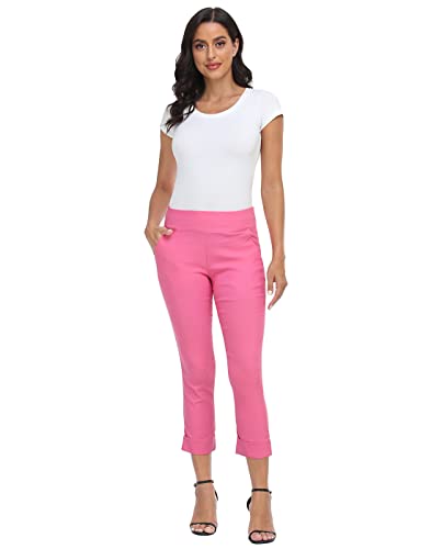 Image of HDE Pull On Capri Pant for Women w /Pockets Elastic Waist Cropped Work Pant | Comfortable Pull On Waist, Tailored Fit with Cuff, Stretchy Summer Office Pants, 24.25 inch Inseam, Professional Dress Capris