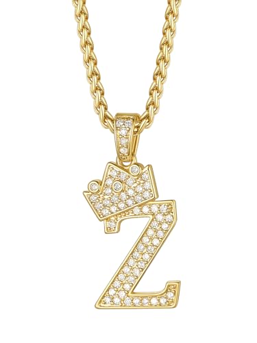 Richsteel Crown Initial Necklace For Men Women Capital Letter Z Pendant with 22'' Wheat Chain Alphabet Monogram Necklaces,Gift for Christmas