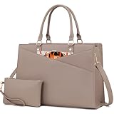 LOVEVOOK Laptop Tote Bag for Women, Leather Business Office Work Bag Computer Briefcase with Small Clutch fit for 15.6 Inch Laptop,Light Khaki