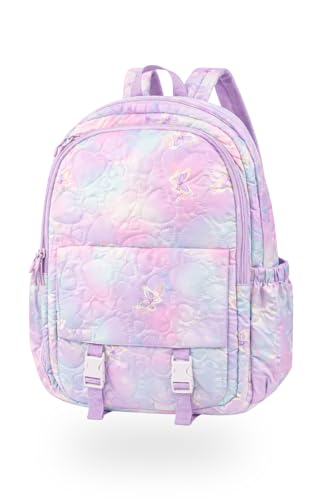 Mochila Infantil e Juvenil Estampada 25L em Poliéster Resistente, com Decoração de Borboleta, 3 Bolsos com Zíper, Design Matelassê, Alças Ajustáveis, Cores Preto, Rosa e Azul Claro (Lilás)