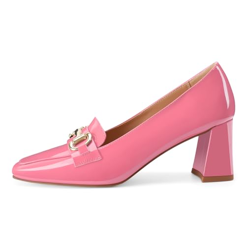 Image of Womens Mid Block Chunky Heeled Loafers Closed Square Toe Patent Leather Comfortable Slip On Pumps Metal Chain Basic Classic Casual Work Office Dress Shoes 2.8 Inches Heels