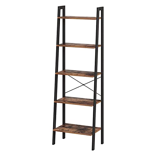 VASAGLE Étagère Échelle, Bibliothèque Industrielle à 5 Niveaux, Étagère de Rangement, avec Cadre en Acier, pour Salon, Cuisine, Marron Rustique et Noir LLS45X