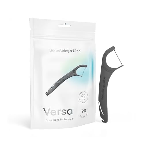 SOMETHING NICE Versa Floss Picks for Braces - Mint Flavored Flossers with Rubber Band Hook & Tongue Scraper Braces Floss Picks with Xylitol for Protection 90-Pack