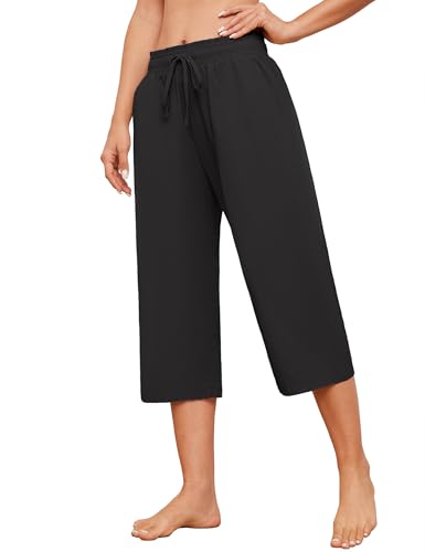 Womens Capri Pants Loose Wide Leg Drawstring Elastic Waist Casual Lounge Cropped Pants with Pockets Black