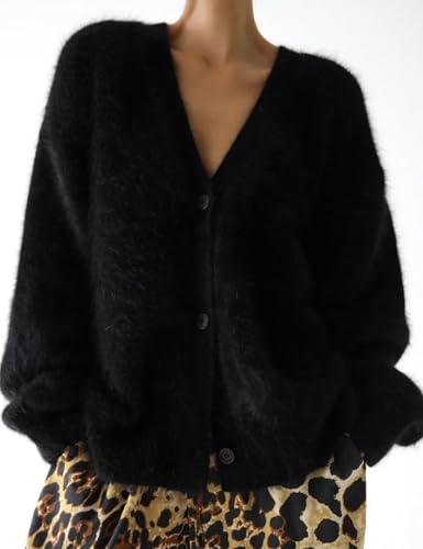 Image of COZYPOIN Womens Fuzzy Cardigan Sweater V Neck Button Down Soft Knit Coat | Loose, Comfy, Slouchy Drop Shoulder, Long Sleeve Fluffy Mohair, Warm, For Daily Work Holiday, Spring Fall Winter Fashion