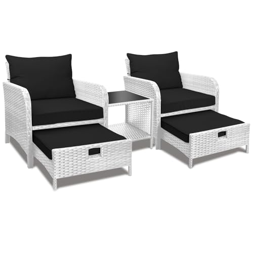 LEVELEVE Balcony Furniture 5 Piece Patio Conversation Set, PE Wicker Rattan Outdoor Lounge Chairs with Soft Cushions 2 Ottoman&Glass Table for Porch