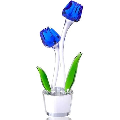 Enjinkail Crystal Blue Tulips Flower Figurines Glass Tulips Bouquet Vase Statue Ornament Decor Tulips Gift for Women Mom Her Wife Christmas Tulips Gifts Mothers Day Birthday Valentine's Day Wedding Cover