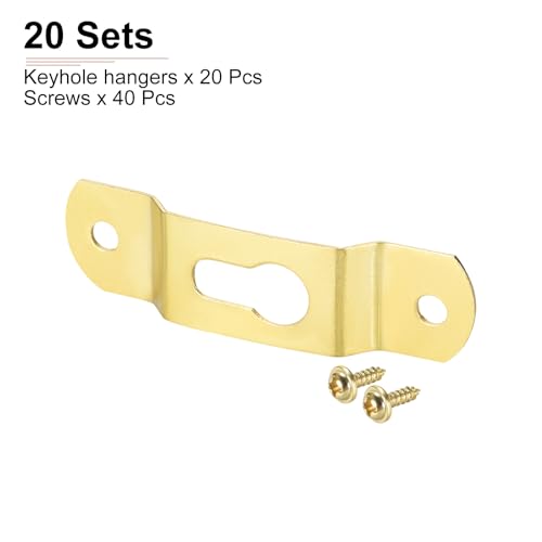 Image of DTGN 56mm x 15mm Keyhole Hanging Plate with Screws - 20Pcs - Good for Hanging Paintings - Picture Frame Hook Photos - Gold