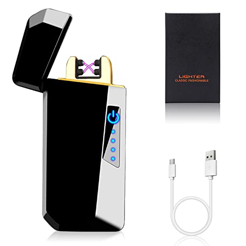 Yuragim Mechero Electrónico Recargable Encendedor Electrico USB, Mechero Doble Arco, Plasma Mechero sin Llama Mechero a Prueba de Viento con LED Indicador de Batería y Caja de Regalo, Regalos Hombre Cover