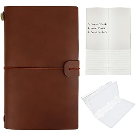 HMIEPRS Leather Vintage Notebook with Elastic Closure and Card Pockets, Refillable Travel Journal Diary, Handmade Leather Notepad 2 Kinds of Insert Book Gift for Writer, Poet, Traveler (Red Brown) Cover