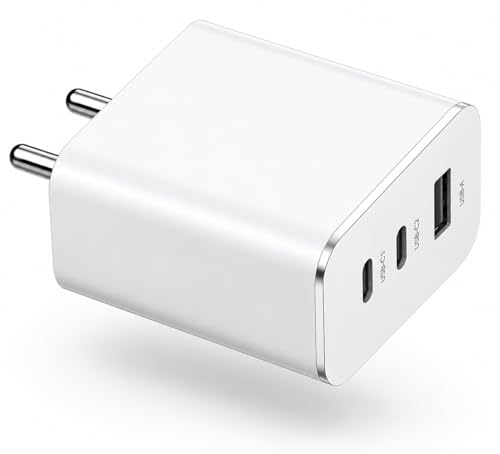 Image of 65W Trio Charger Adapter,3 Port USB Type C to A Fast Wall Charging Compatible with Nothing CMF Phone 1 /Nothing Phone 2 /2a /2a Plus /3a /3a Plus /Tablet & More, White | BIS Certified