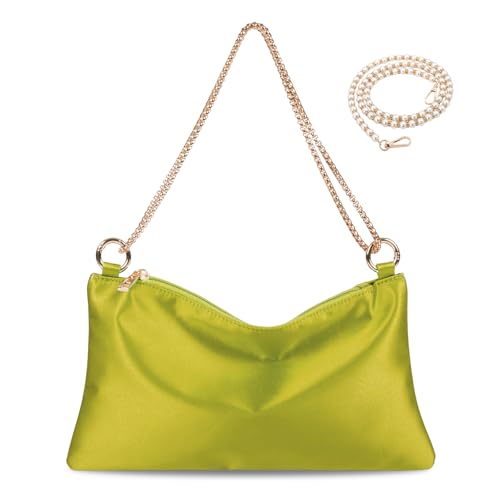 MGBPEI Women Satin Evening Handbag Wedding Prom Clutch Purse Formal Cocktail Party Clutches Shoulder Bag with 2 Bag Chains(Green)