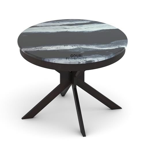 Image of Solid Wood 4 Seater Round Dining Table Set with Epoxy Resin Top Finish, Includes 4 Cushioned Chairs, Walnut Finish - Ideal for Home, Hotel & Restaurant - DIY Self Assembly