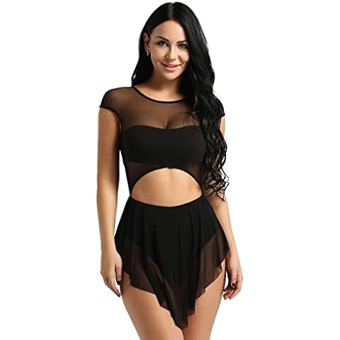 ranrann Women Girl's Lyrical Ballet Leotard Contemporary Dance Costumes Latin Dance Outfits Mesh Dancing Dress Black Large Cover