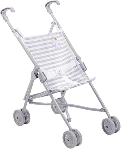 Image of JC Toys Boutique | Folding Umbrella Doll Stroller for Children 2 Years Plus, Grey Stripes and Soft Embroidery | Sturdy Metal Frame | Pretend Play with Dolls up to 18 inch Long | Seat Belt