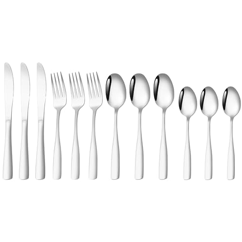 Image of aDai Sterling Silver Silverware Set, Satin Finish | 12-Piece Stainless Steel Flatware Set | Dishwasher Safe Kitchen Cutlery for Home, Restaurant & Gifting