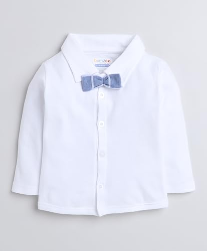 Image of BUMZEE Beige & Navy Boys Full Sleeves Shirt Waistcoat & Pant Set with Applique Bow (Peb8050)