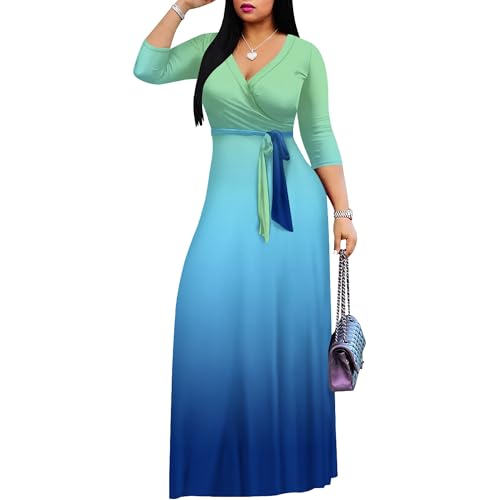 Image of PinkPatty Women's Plus Size Maxi Dress Casual 3 /4 Sleeve Dress with Belt | Soft stretch feel, printed style, flowy A-line fit, v neck, waist tie, side pockets, for vacation, party and daily wear