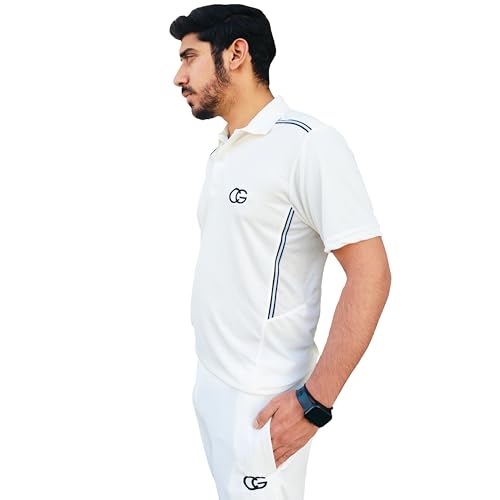 Image of CG Cricket White Tracksuit for Men & Boys | Half Sleeve Jersey & Lower set | Comfortable cricket t shirt & track pant | Cricket Dress Uniform