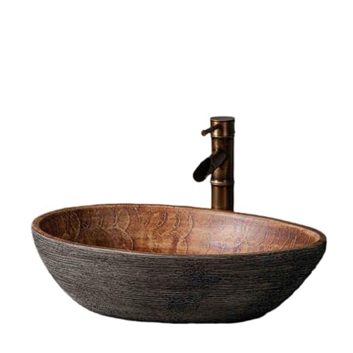 【Banefu】セラミックカウンタートップ洗面台、楕円形のレトロな洗面台、家庭用カウンタートップ洗面台、トイレ洗面台、蛇口付き、浴室用品 洗イレで適用可 (グースエッグスタイル + 蛇口付き)