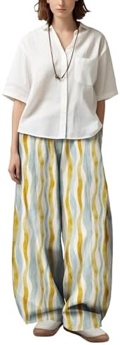 LOAIHA Women’s Wide Leg Pants High Waist Blue Floral Print Loose Fit Japanese Style Fall Palazzo Trousers Casual Lightweight Baggy Lounge Pants with Pockets for Travel and Everyday Comfort